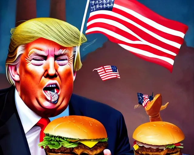Prompt: !! donald trump!! licking a! cheeseburger! at a rally with american flags, deep focus, fantasy, intricate, highly detailed, digital painting, artstation, concept art, matte, sharp focus, illustration, hearthstone, art by artgerm and greg rutkowski and alphonse mucha,! hamburger!