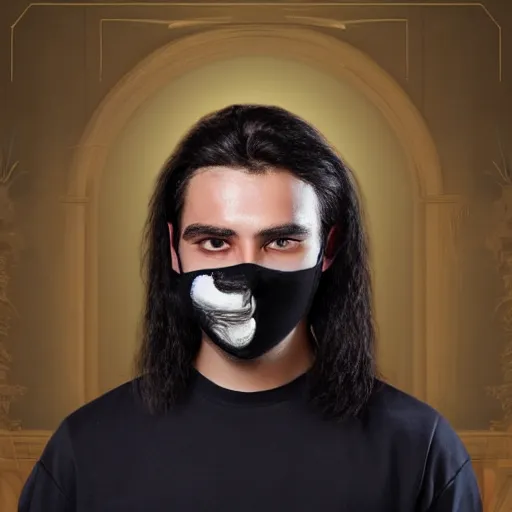 Image similar to professional digital art of a young adult man with slightly long hair wearing a black face mask and a form-fitting dark sweatshirt, high quality, HD, 8K, highly detailed, award-winning, fancy apartment