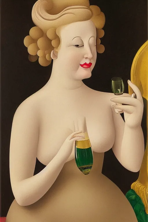 Prompt: portrait of a young woman with blonde hair, wearing an evening dress, drinking champagne, by botero