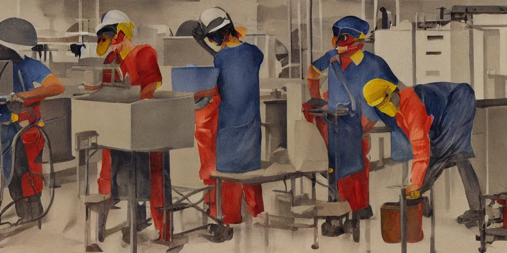 Prompt: detailed painting of blindfolded factory workers