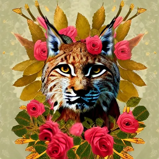 Image similar to lynx wearing a flower circle made out of roses and golden leaves on his head, a majestic crown, an expressive digital painting, high quality art,