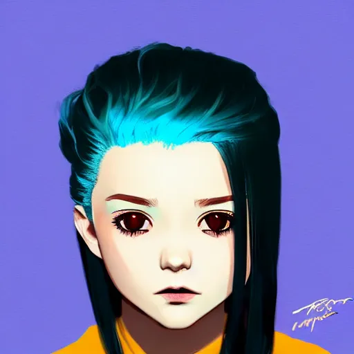 Image similar to ilya kuvshinov with long sky blue hair, gold eyes, amber eyes, boyish face, professional digital painting, black background, wild brush strokes, concept art, award - winning photography, cinematic, wlop, color block, yandere, pop, hip, art by andy warhol, pixiv art, yoshitaka amano