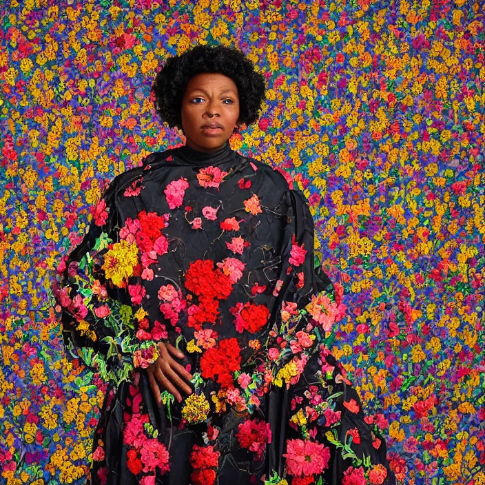 Prompt: a closeup portrait of a woman wearing a cloak made of plastic and mud, in an infinite landscape of flowers, photograph by kehinde wiley, canon eos c 3 0 0, ƒ 1. 8, 3 5 mm, 8 k, medium - format print