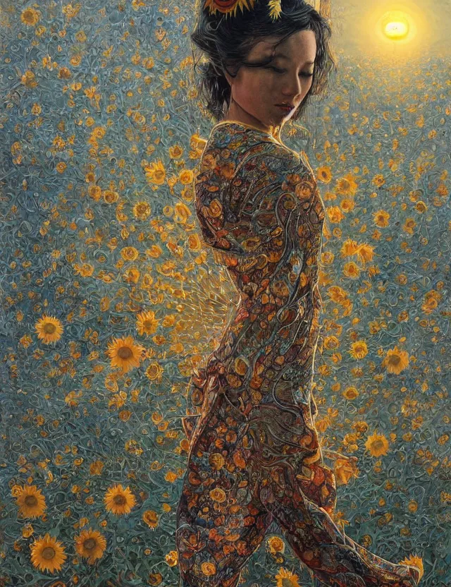 Prompt: a china cat sunflower walking proudly jingling in the midnight sun with a bodhi that drips a silver kimono Like a crazy quilt star gown through a dream night wind, intricate and complexly detailed wet oil painting, by Karol Bak and Tony Diterlizzi, influenced by Artgerm, golden hour scene, center perspective, multi-dimensional, 8k, octane rendering,