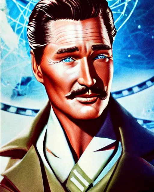 Image similar to Errol Flynn as a scientist. 1980s dystopian Soviet Russia, propaganda screens. Unreal engine, fantasy art by Katerina Ladon. Faithfully depicted facial expression, perfect anatomy global illumination, radiant light, detailed and intricate environment