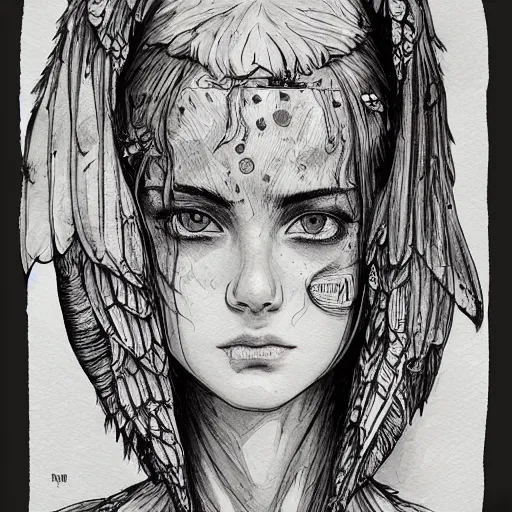 Image similar to portrait of a grungy girl, wearing a hoodie and sweatpants, symmetrical wings made of pizza, basic white background, symmetrical, watercolor, pen and ink, intricate line drawings, by Yoshitaka Amano, Ruan Jia, Kentaro Miura, Artgerm, detailed, trending on artstation, hd, masterpiece,