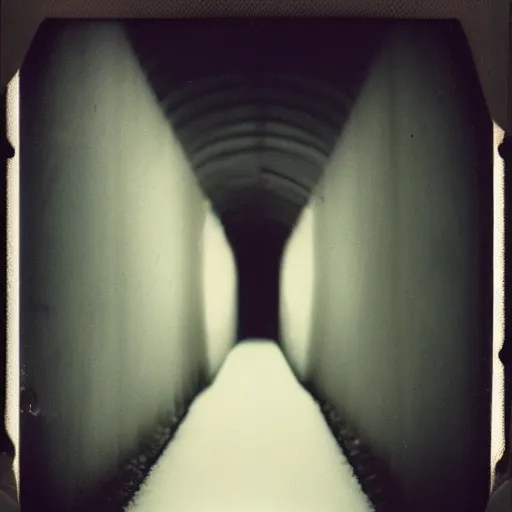 Prompt: a dark and narrow ice tunnel, dark, creepy, eerie, unsettling, terrifying, old polaroid, expired film, deep,