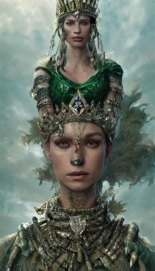 Image similar to epic masterpiece portrait of a queen with a goblet, on the battlefield, tribe makeup and jewelry, sweaty skin, hyperrealistic, octane render, cinematic, followed by heads with many faces, beautiful face and flawless skin, perfect hands, emeralds by Edgar Maxence and Ross Tran and Michael Whelan, Legends of Runeterra