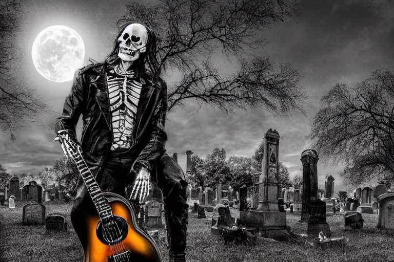 Prompt: mikhail gorshenev as a skeleton in a leather jacket playing black electric guitar in a cemetery, rock concert, dark night, full moon, crows on the oak tree, highly detailed digital art, photorealistic