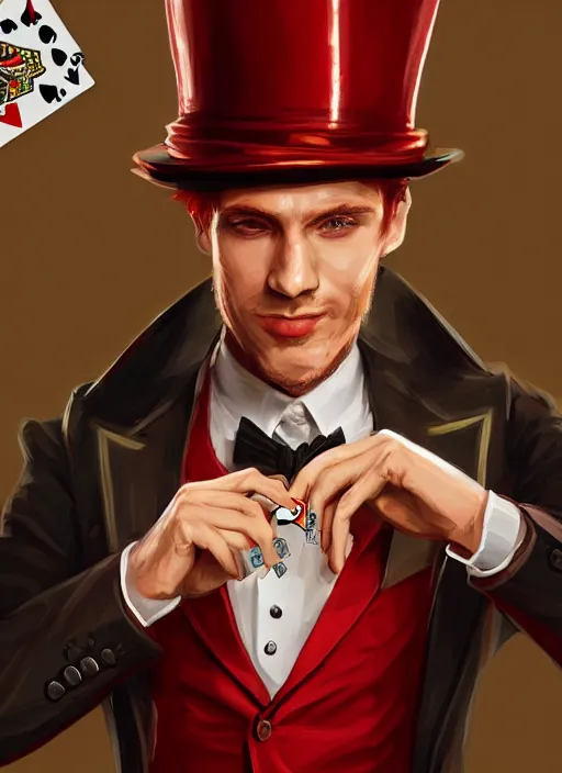 Image similar to a highly detailed illustration of stylish top hat wearing red haired attractive man, wearing suit vest, flashy leaning back holding playing cards pose, intricate, elegant, highly detailed, centered, digital painting, artstation, concept art, smooth, sharp focus, league of legends concept art, WLOP