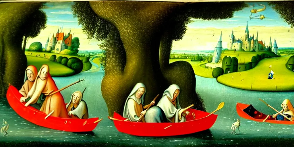 Prompt: A very detailed painting in the style of Hieronim Bosch featuring a river in Europe surrounded by trees and fields. A rubber dinghy is slowly moving through the water. Sun is shining