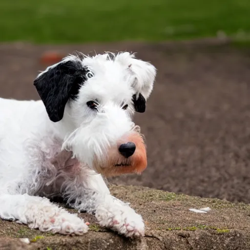 Image similar to old fox terrier with a white and black coat, red collar, white tail, lying in the sun