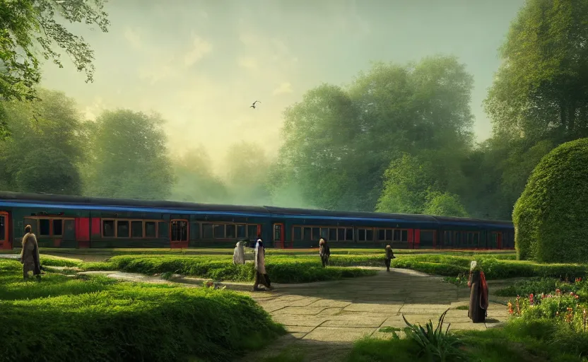 Image similar to exterior shot of utopian train station on in the middle of an english garden with cinematic lighting by peter zumthor and renzo piano, darek zabrocki and greg ruthkowski, simon stalenhag, cinematic, holy place, paradise, scifi, futurism, atmospheric, concept art, artstation, trending on artstation