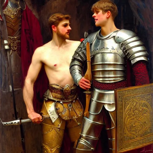 Image similar to attractive fully clothed arthur pendragon confesses his love for his attractive fully clothed male knight. highly detailed painting by gaston bussiere and j. c. leyendecker 8 k