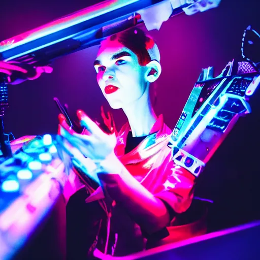 Prompt: Grimes DJing onstage playing with a synthesizer, neon, lambent lighting with vivid and radiant colors, 35mm photography, volumetric lighting, trending on artstation, artstationHD, artstationHQ, 4k, 8k.