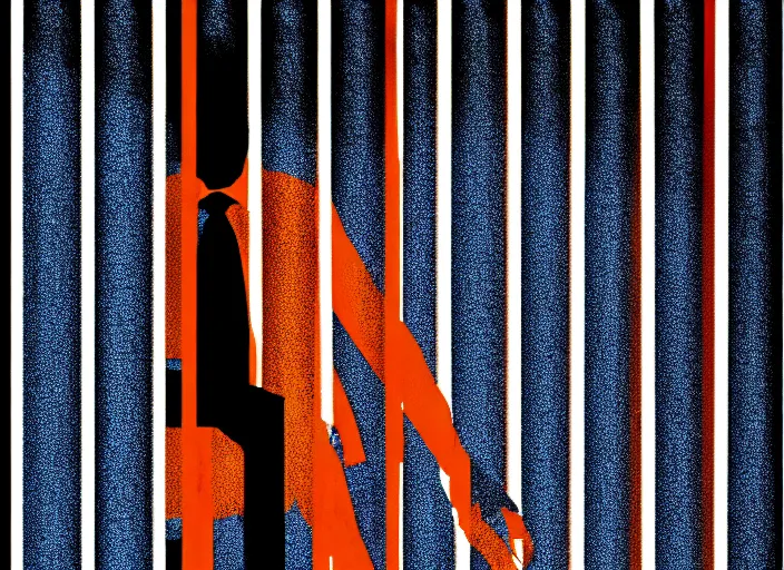 Prompt: Trump in prison, striped outfit ,handcuffed, Mads Berg, Karolis Strautniekas,stippled light, dramatic lighting,fine texutre, editorial illustration,matte print, film noir, dark blue+dark orange+orange+beige+black+white,dynamic composition,moody