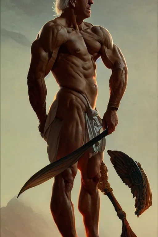 Prompt: Joe Biden as a Greek god, gorgeous, amazing, muscular, fit, very muscular male body, intricate, highly detailed, digital painting, artstation, concept art, sharp focus, illustration, art by greg rutkowski and alphonse mucha