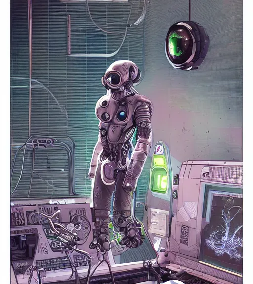 Image similar to a cybernetic realistic octopus in a space station, techwear, Industrial Scifi, detailed illustration, character portrait, by Martin Grip and Moebius