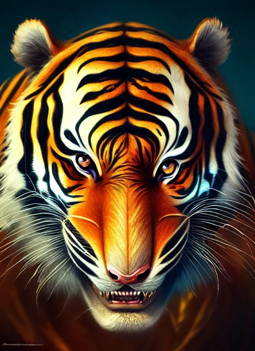 Prompt: close up portrait of anthropomorphized tiger, growling, strong and ferocious by artgerm, cushart krenz, greg rutkowski, mucha. art nouveau. gloomhaven, swirly liquid ripples, blue tones, vibrant colors, sharp edges. ultra clear detailed. 8 k. elegant, intricate, octane render