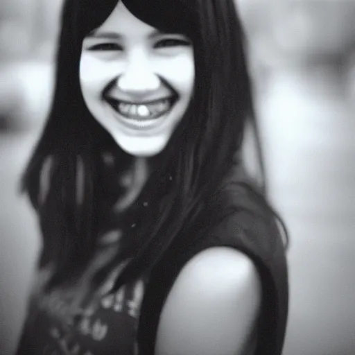 Prompt: 2006 photograph of a smiling emo girl with braces, pale, black hair, night time, street lights in the background