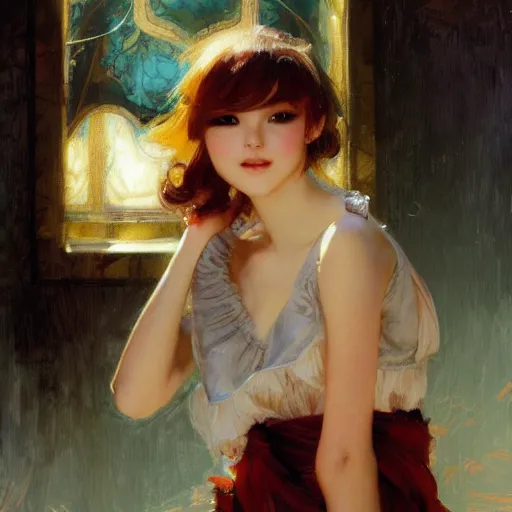 Image similar to a high fashion studio portrait of a cute anime girl, painting by gaston bussiere, craig mullins, j. c. leyendecker