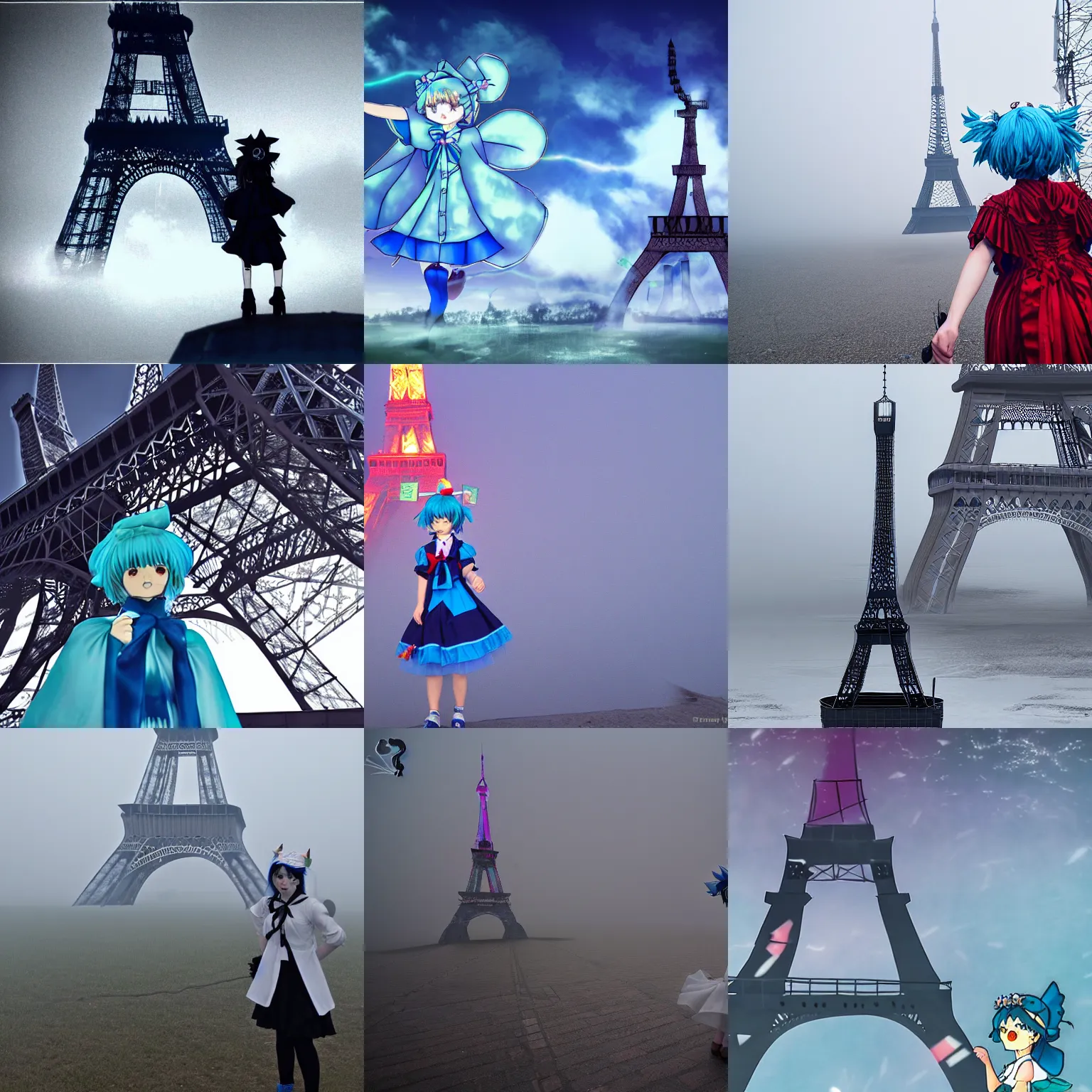 Prompt: touhou project cirno at duga - 1 radar station in fog with eiffel tower