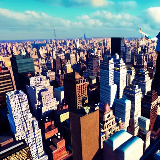 Image similar to A person standing on top of a rooftop with New York City below, 3D, Unreal Engine