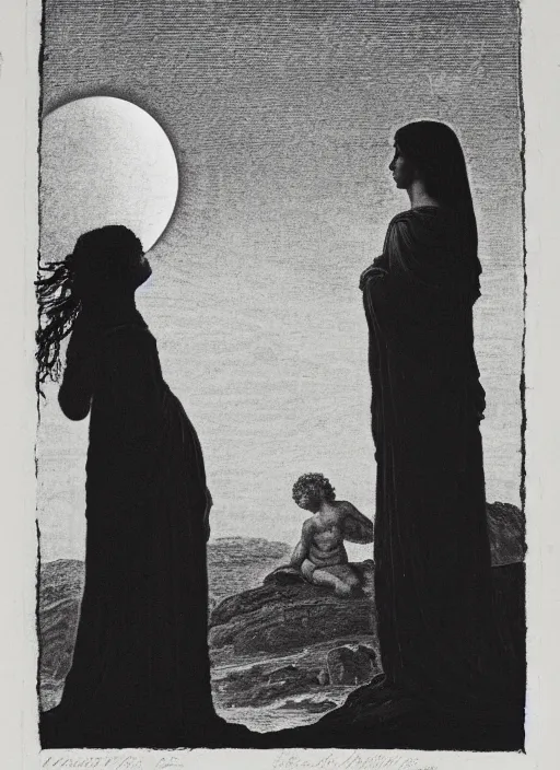 Prompt: three silhouettes of ancient greek goddesses observing an eclipse at dusk, painted by caspar david friedrich with high toner xerox halftones