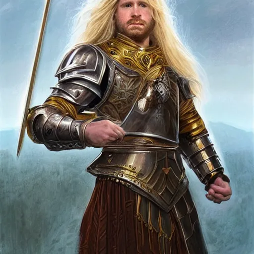 Image similar to Beautiful male cleric with long flowing blonde hair wearing burnished bronze armour emblazoned with a swan on the breastplate wielding a magical scimitar embossed with the phases of the moon, fantasy D&D character, portrait art by Donato Giancola and Bayard Wu, digital art, trending on artstation, 4k