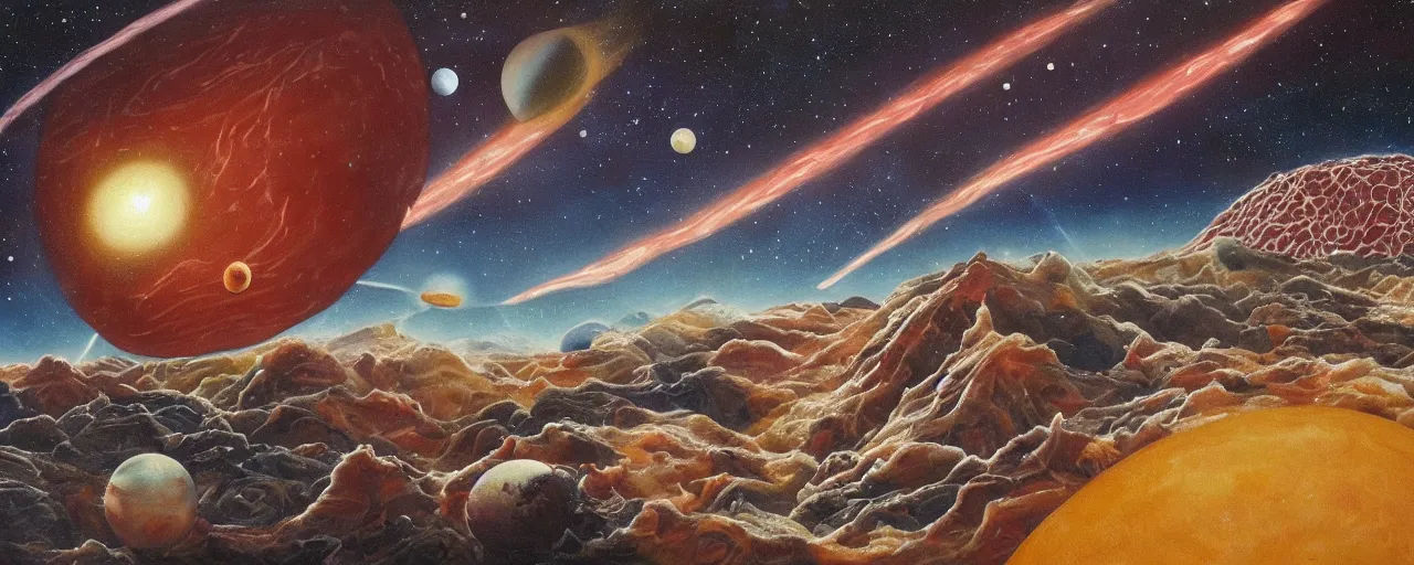 Prompt: Carl Sagan's meat planet. A planet mate entirely out of pork, with volcanoes of flatulence and rivers of gravy. Classic painting, award winning, highly detailed.