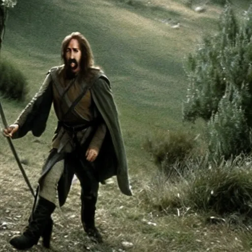 Image similar to nicolas cage in the lord of the rings, hairy feet, walking in the shire
