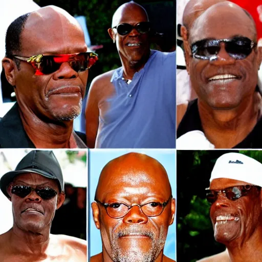 Prompt: a bunch of samuel l jackson at a pool party