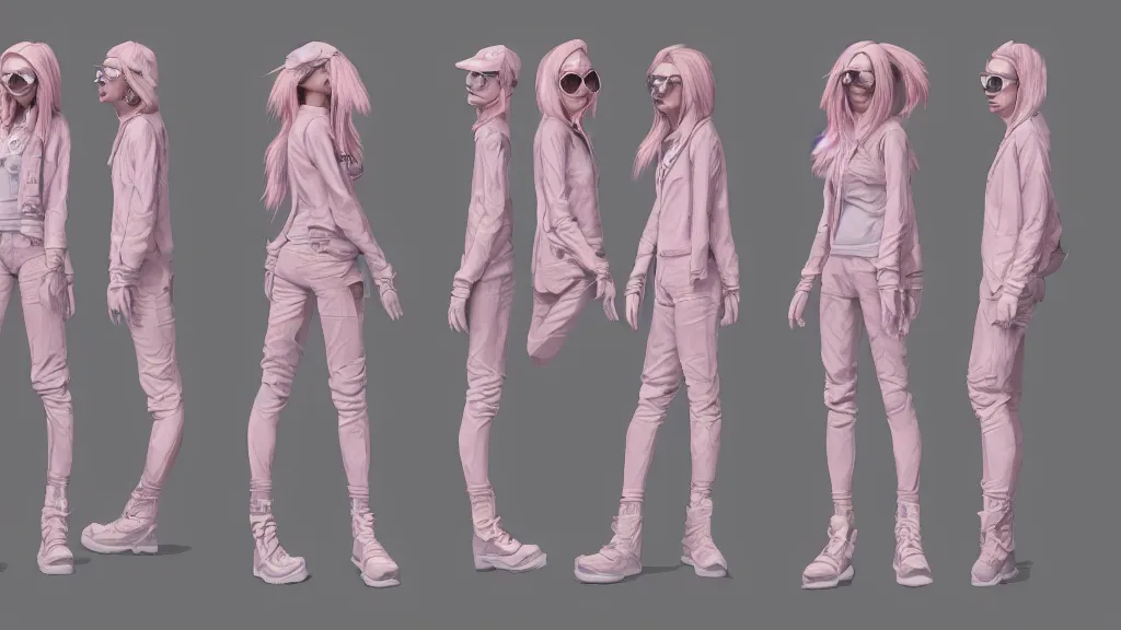 Prompt: character sheet for a light pink long haired beautiful realistic female for futuristic modern baggy dark grey jacket oakley glasses baseball hat dystopian fashion brand hamcus on an alien planet, impact by craig mullins, trending on artstation, trending on behance,, hd, 8 k, masterpiece