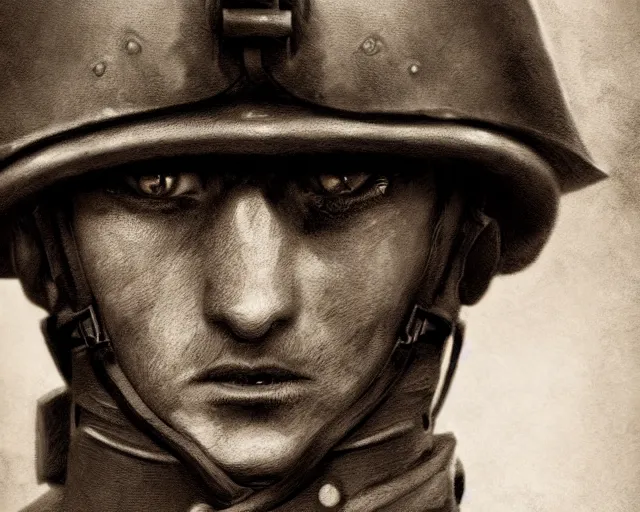 Image similar to A soldier cat warrior in world war one, close-up, realistic face, sharp facial features, mature facial features, black and white, amazing digital art, hyper detailed, artstation, in the style of Tony Sart