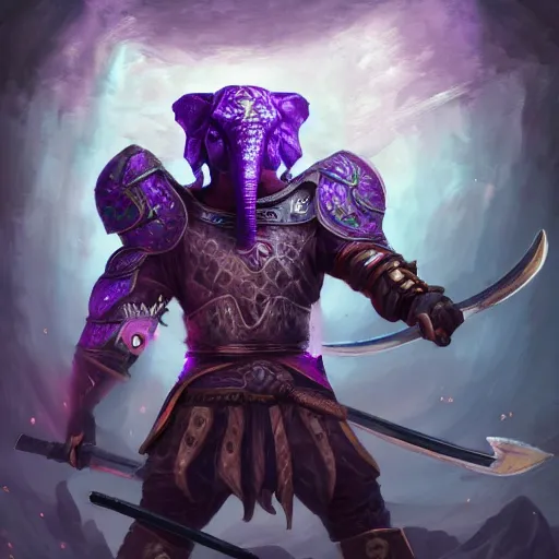 Prompt: athletic man with elephant head wearing leather armor wielding a purple sword, fantasy art, space in background, dim lighting
