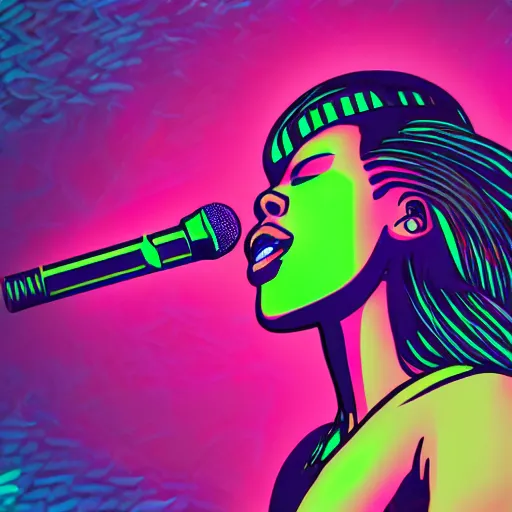 Prompt: beautiful blasian woman raps into microphone, hip hop vaporwave, abstract background, neon, photo, detailed, 4k