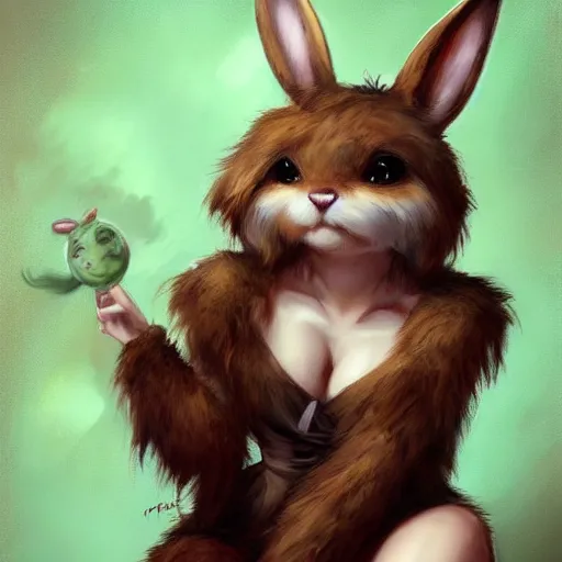 Image similar to cute anthropomorphic bunny, green eyes, brown fur, wlop, artgerm, royo