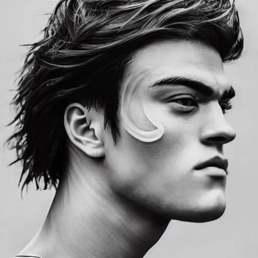 Image similar to “a realistic detailed photo of a guy who is an attractive humanoid who is half robot and half humanoid, who is a male android, Grayson Dolan, shiny skin, posing like a statue, blank stare”