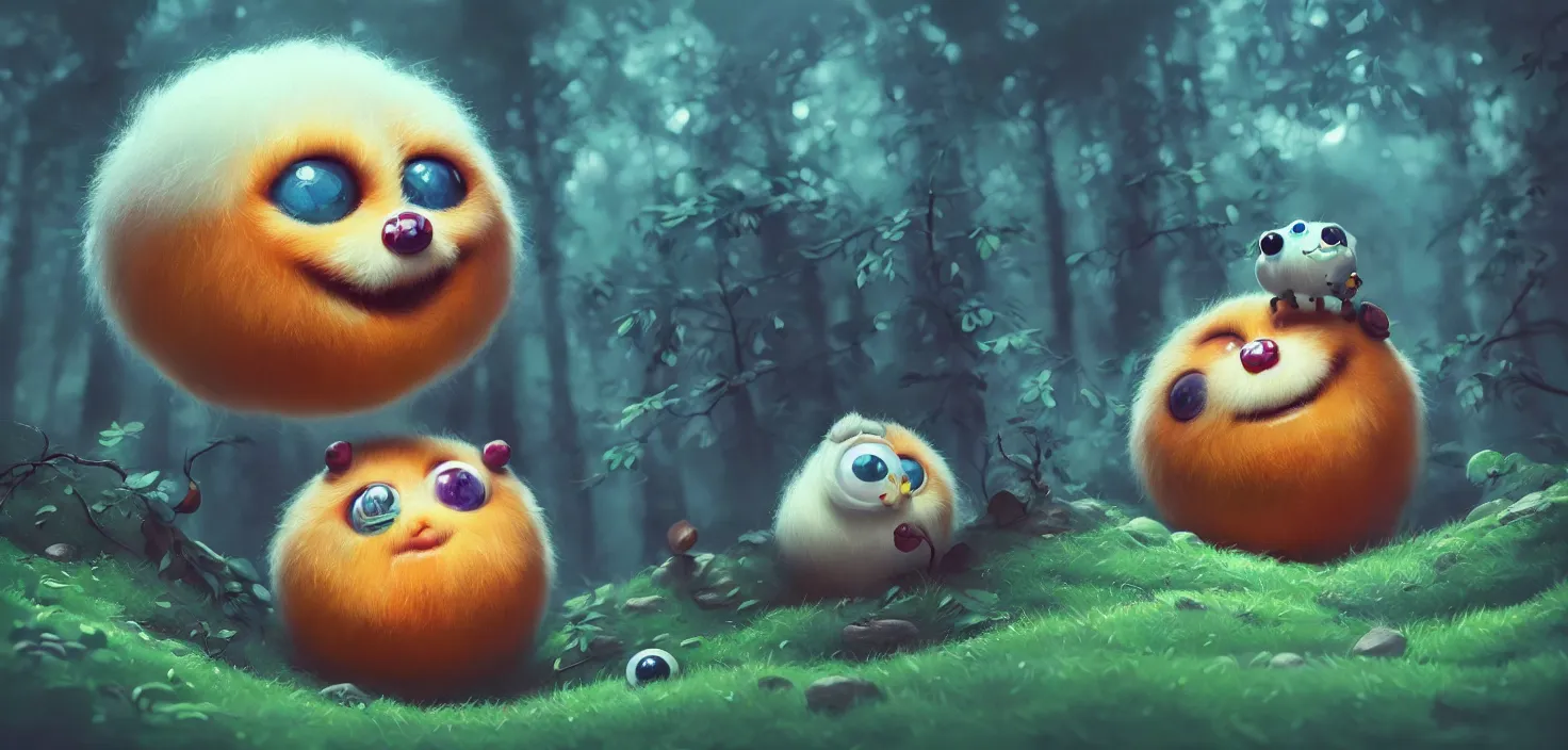 Prompt: 3 d funny fluffy face ball appearing from the forest, in the style of craola, shallow depth of field, highly detailed, digital painting, trending artstation, concept art, illustration, cinematic lighting, vibrant colors, photorealism, epic, octane render