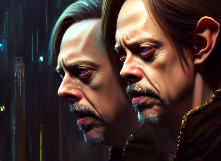 Image similar to a film still portrait of steve buscemi elven king, finely detailed features, cinematic lighting, perfect art, night cyberpunk city, intricate, anime, gapmoe grimdark, artstation, trending on pixiv fanbox, painted by greg rutkowski makoto shinkai takashi takeuchi studio ghibli, akihiko yoshida, 4 k