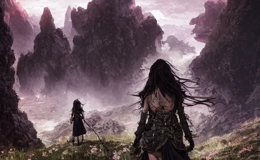 Image similar to goth woman in front of mountain landscape, color page, tankoban, 4 k, tone mapping, akihiko yoshida, james jean andrei riabovitchev marc simonetti, yoshitaka amano, long hair, curly, h. hydrochaeri