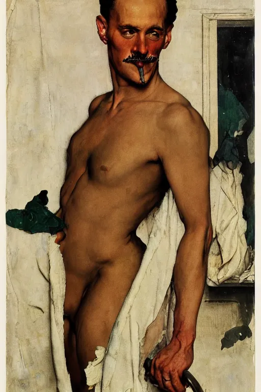 Image similar to body portrait of Tom of Finland, colour painting by norman rockwell, guidi prime background by carl spitzweg