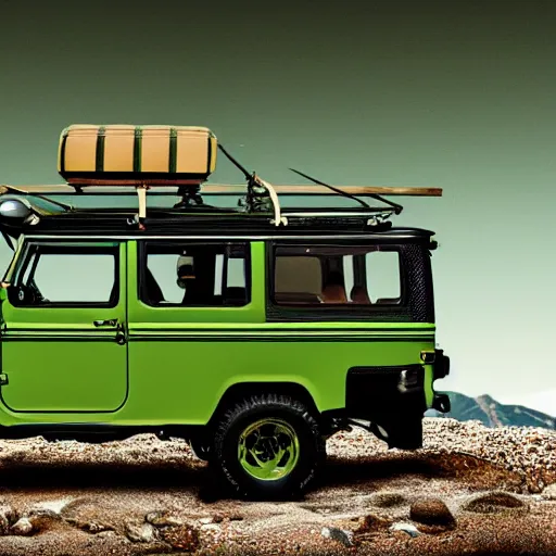 Prompt: closeup of a green Toyota Fj43 build in 1981, traveling through the mountains, black roof, with a roof rack, detailed, in the style of Leonardo da Vinci, 8K, octane render, 8K,