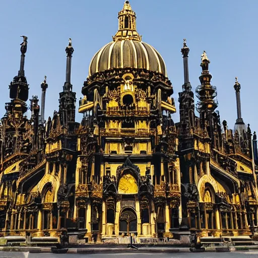 Prompt: gigantic ornate cathedral made of black and gold marble