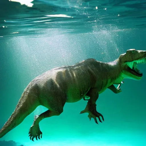 Image similar to t - rex underwater photography and light scattering, water refractions turned out impressive imho,