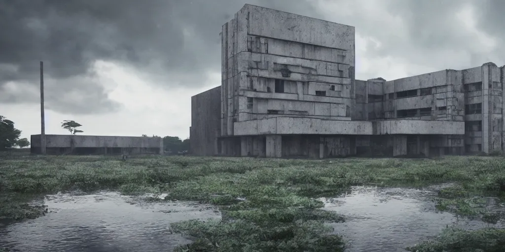 Prompt: brutalist architecture abandoned hospital, surrounded by lush green forest and murky ponds of water, stunning volumetric lighting, sundown, stunning skies, trending on Artstation, 8k, photorealistic, hyper detailed, unreal engine 5, IMAX quality, cinematic, epic lighting, cryengine, octane render, gloomy, foggy, dark