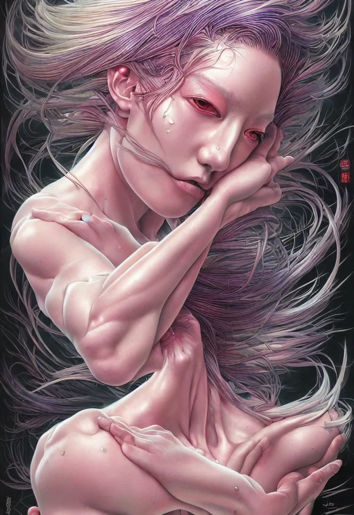 Prompt: full image highly detailed and textured painting of a deformed portrait, emotionally expressive, iridescent material colour palette, masterpiece by yoshitaka amano by yukito kishiro by artgerm