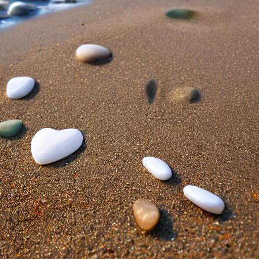 Image similar to heart shape pebbles on a beach, sunny day, camera flare, water foam on the shore, beach day