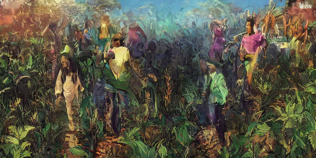 Image similar to bob marley walking though an infinite weed farm digital art, artstation, ultra detailed, beautiful aesthetic art