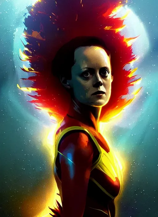 Prompt: young sigourney weaver as dark phoenix, by ismail inceoglu